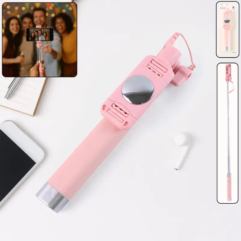 Wired Selfie Stick with Rearview Mirror – 78cm Extendable Foldable Phone Holder with Shutter Button for Android & iOS