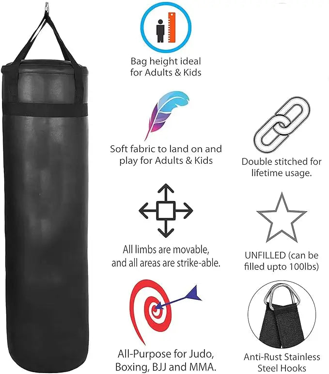 Punching Bag Set with Boxing Wraps - Heavy Punching Bags for Boxing, Judo, Kickboxing | Boxing Bag Made of PU for Men (Black PU Unfilled, 4.00)